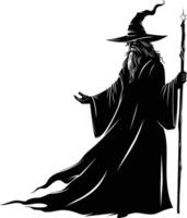 AI generated Silhouette wizard with wand black color only full vector