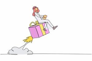 Continuous one line drawing Arabian businessman riding gift box rocket flying in the sky. Fast shipping or delivery. Cardboard box for moving and packaging. Single line draw design vector illustration