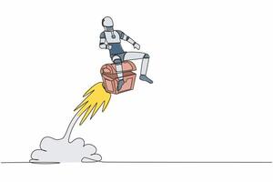 Single continuous line drawing robot riding treasure chest rocket flying in sky. Treasure hunting with tech. Future technology development. Artificial intelligence. One line design vector illustration