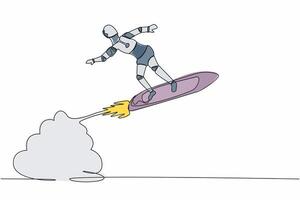 Single continuous line drawing robot riding surfing board rocket flying in the sky. Future technology development. Artificial intelligence machine learning. One line graphic design vector illustration