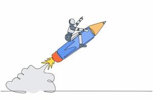 Single continuous line drawing robot riding pencil rocket flying in the sky. Tech education and creativity. Future technology development. Artificial intelligence. One line design vector illustration