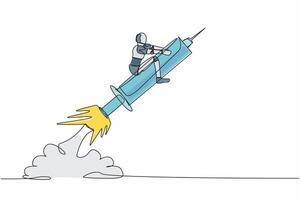 Continuous one line drawing robot riding syringe rocket flying in the sky. Boosting health with tech. Robot cybernetic organism. Future robotic development. Single line draw design vector illustration