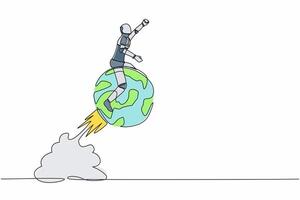 soltero continuo línea dibujo de robot montando esfera globo cohete volador en cielo. global negocio expansión. futuro tecnología desarrollo. artificial inteligencia. uno línea diseño vector ilustración