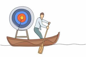 Single one line drawing businessman standing in boat and sailing with dartboard target.  Hard work achieve business mission and win competition. Continuous line draw design graphic vector illustration