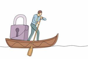 soltero uno línea dibujo empresario en pie en barco y navegación con candado. Envío proteccion a Oceano desde pirata. seguridad en negocio a mar. continuo línea diseño gráfico vector ilustración