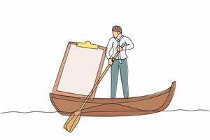 Single continuous line drawing businessman standing in boat, sailing with clipboard. Office worker escape from deadline checklist board. Productivity problem. One line draw design vector illustration