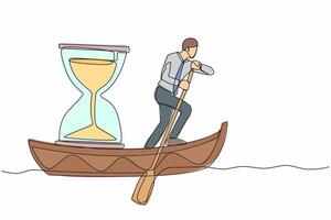 Continuous one line drawing businessman standing in boat and sailing with hourglass. Manager escape from deadline. Motivation to go forward. Running out of time. Single line design vector illustration