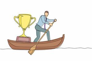 Single one line drawing businessman standing in boat and sailing with trophy. Water sports competition concept. Sailing championship recognition award. Continuous line draw design vector illustration