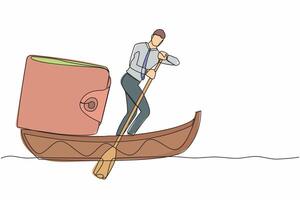 Continuous one line drawing businessman standing in boat and sailing with purse. Money management for personal use. Financial planning at company. Single line draw design vector graphic illustration