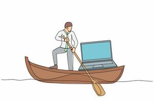 Single continuous line drawing businessman standing in boat and sailing with laptop computer. Happy worker as a freelancer or creative manager. Remote work. One line graphic design vector illustration