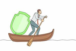 Single continuous line drawing businessman sailing away on boat with protect shield. Business protection and precaution financial crime. Online security guard. One line draw design vector illustration