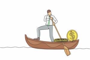 Continuous one line drawing businessman standing in boat and sailing with pile of dollar coins. Criminal stole golden coins from bank. Escape with money. Single line design vector graphic illustration