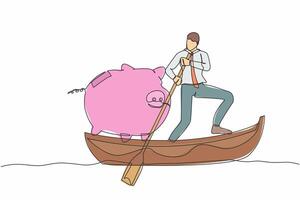 Single continuous line drawing of businessman standing in boat and sailing with piggy bank. Economy purposes saving money is very important. Smart investor. One line graphic design vector illustration