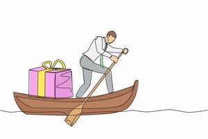 Single continuous line drawing of businessman standing in boat and sailing with gift box. Giving prizes to outstanding employees. Appreciation from company. One line graphic design vector illustration