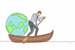 Single one line drawing of businessman standing in boat and sailing with globe. Taking trip around the world by ship. Tourism or travelling concept. Continuous line design graphic vector illustration