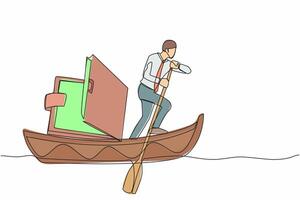 Continuous one line drawing businessman sailing away on boat with wallet. Office worker with financial problem due to economic crisis. Lack of paper money. Single line draw design vector illustration