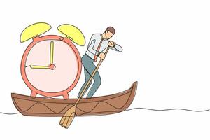 Single continuous line drawing of businessman standing in boat and sailing with alarm clock. Manager escape from project deadline. Time management problem. One line graphic design vector illustration