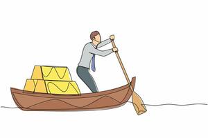 Single one line drawing businessman standing in boat and sailing with stack of golden bullion. Successful investor or entrepreneur. Gold investment. Continuous line graphic design vector illustration