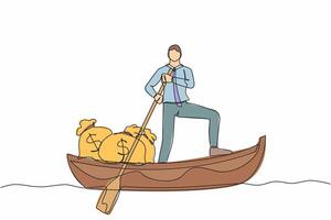 Continuous one line drawing of happy businessman standing in boat and sailing with money bag. Financial profit, successful management. Escape with money. Single line design vector graphic illustration