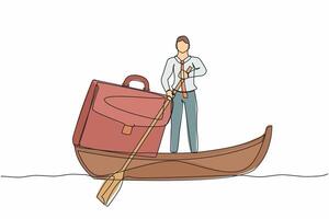 Single one line drawing businessman standing in boat and sailing with briefcase. Success male manager on summer vacation. Escape from routine. Continuous line draw design graphic vector illustration