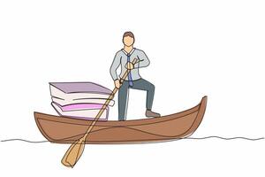 Single one line drawing businessman standing in boat and sailing with pile of papers. Manager escape from stack of documents, paperwork, overworked. Continuous line graphic design vector illustration