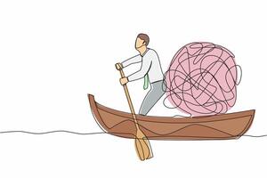 Single continuous line drawing businessman standing in boat and sailing with messy line. Escape from anxiety mind due to being fired from work. Dynamic one line draw graphic design vector illustration