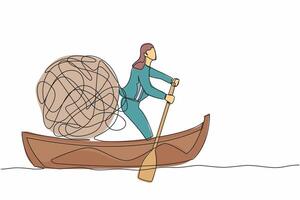 soltero continuo línea dibujo mujer de negocios navegación lejos en barco con sucio línea. estresado oficina trabajador escapar desde caótico o ansiedad dispuesto. mental salud. uno línea dibujar diseño vector ilustración