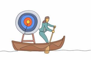 Continuous one line drawing businesswoman sailing away on boat with dartboard target.  Strategic planning company to win competition. Business mission. Single line design vector graphic illustration