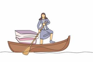 Single continuous line drawing businesswoman sailing away on boat with stack of papers. Busy office worker manage documents, paperwork. Overworked concept. One line graphic design vector illustration