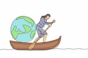 Single continuous line drawing businesswoman standing in boat and sailing with globe ball. Taking trip around the world by ship. Tourism or travelling. One line draw graphic design vector illustration