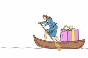 Single continuous line drawing businesswoman sailing away on boat with gift box. Year-end prizes for outstanding employees. Appreciation from company. One line draw graphic design vector illustration