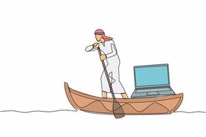 Single one line drawing Arabian businessman sailing away on boat with laptop computer. Freelancer work or creative manager doing remote work at ship. Continuous line design graphic vector illustration