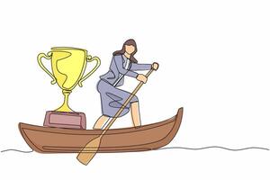 Single one line drawing attractive businesswoman sailing away on boat with trophy. Sailing world championship award. Winning water sport competition. Continuous line design graphic vector illustration