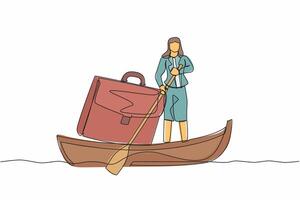 Continuous one line drawing businesswoman sailing away on boat with briefcase. Employees planning for summer vacation. Take a break from busy office tasks. Single line draw design vector illustration