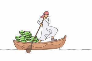 Single continuous line drawing Arab businessman sailing away on boat with pile of banknote. Escape with money. Financial crime, tax evasion, money laundering. One line draw design vector illustration