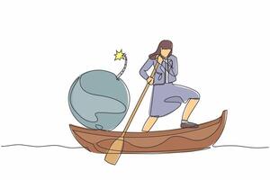 Single continuous line drawing businesswoman sailing away on boat with bomb. Office worker fired from companies due to the exploding world financial crisis. One line graphic design vector illustration