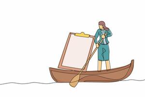 Single one line drawing businesswoman sailing away on boat with clipboard. Delivery worker with checklist and ship. Shipping documents. Modern continuous line draw design graphic vector illustration