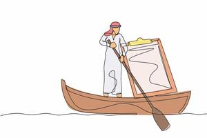 Single one line drawing of Arabian businessman sailing away on boat with clipboard. Delivery worker with checklist and ship. Shipping documents. Continuous line draw design graphic vector illustration