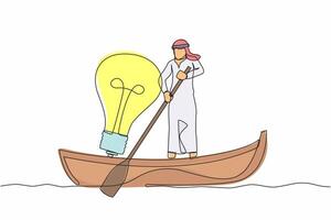 Continuous one line drawing Arab businessman sailing away on boat with light bulb. Success business idea, vision, and innovation for better company. Single line draw design vector graphic illustration