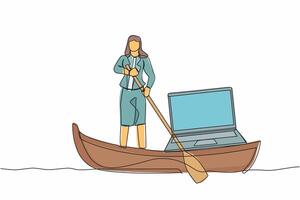 Continuous one line drawing businesswoman sailing away on boat with laptop computer. Freelancer work or creative manager doing remote work at ship. Single line draw design vector graphic illustration