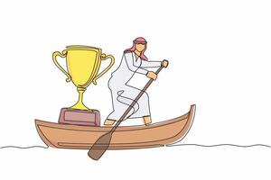 Single continuous line drawing Arabian businessman sailing away on boat with trophy. Sailing world championship award. Winning water sport competition one line draw graphic design vector illustration