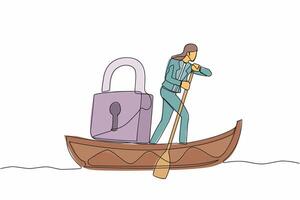 Single one line drawing smart businesswoman standing in boat and sailing with padlock. Shipping protection at ocean from pirate. Security in business at sea. Continuous line design vector illustration