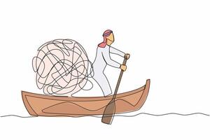 Continuous one line drawing Arab businessman sailing away on boat with messy line. Stressed office worker escape from chaotic or anxiety minded. Mental health. Single line design vector illustration