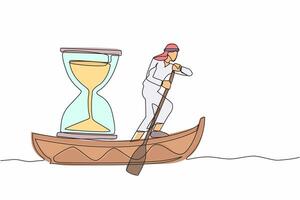 Single one line drawing Arab businessman sailing away on boat with hourglass. Office worker running out of time with business deadline. Motivation concept. Continuous line design vector illustration