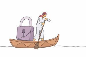 Single continuous line drawing Arabian businessman sailing away on boat with padlock. Security and shipping protection. Delivery business through the ocean. One line graphic design vector illustration