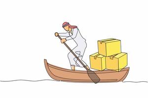 Continuous one line drawing Arabian businessman sailing away on boat with pile of cardboard. Ocean transportation. Shipping items delivered via sailboat. Single line design vector graphic illustration