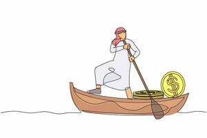 Single one line drawing Arabian businessman sailing away on boat with pile of dollar coins. Criminal stole golden coin from bank. Corruption, robber. Continuous line design graphic vector illustration