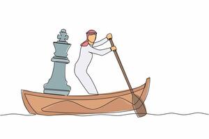 Single one line drawing Arab businessman sailing away on boat with chess king piece. Company strategy or tactical move to winning business competition. Continuous line draw design vector illustration