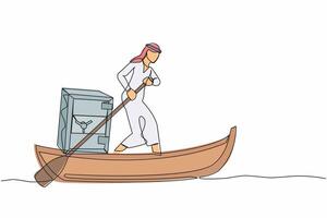 Continuous one line drawing Arabian businessman sailing away on boat with safe deposit box. Unexpected financial opportunities, credit, bank deposit protection. Single line design vector illustration