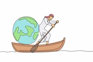 Continuous one line drawing of Arabian businessman sailing away on boat with globe. Tourism or business travel concept. Office worker take vacation trip. Single line design vector graphic illustration